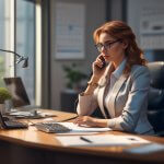 Sekretärin in moderner Kleidung, die mit einem Kunden telefoniert. Die Details und die Umgebung vermitteln eine professionelle Atmosphäre. Ich hoffe, sie gefallen dir!